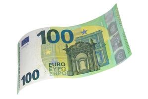 Curved banknote of hundred EURO isolated on a white background close up photo