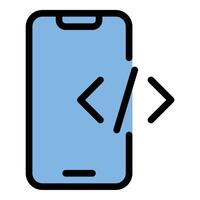 Smartphone Coding icon flat line style illustration representing mobile app development and programming, suitable for developers, coding platforms, and tech-related content.. vector