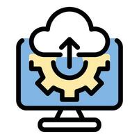 Cloud computing migrating icon in flat line style representing data transfer system migration and cloud adoption ideal for IT infrastructure digital transformation and network solutions concepts. vector