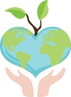 Hands protecting planet Earth with green leaves in heart shape vector
