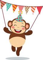 Happy monkey with party flag banner vector