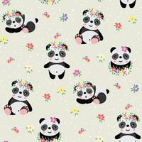 Seamless background pattern of spring panda with flowers vector