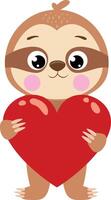 Funny brown sloth with a red heart vector