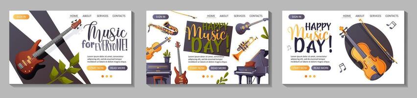 Set of landing page web templates with musical instruments. vector