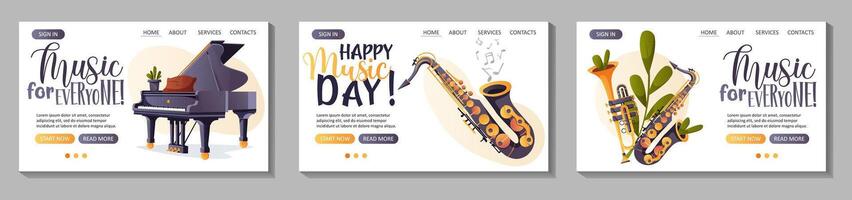Set of landing page web templates with musical instruments vector