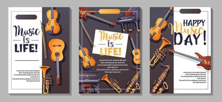 Set of music flyers with instruments. vector