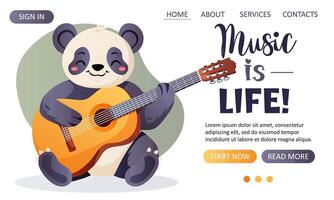 web template with a panda and guitar for a music website vector