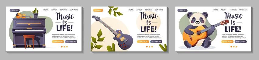 set of landing page web templates with musical instruments and a panda vector