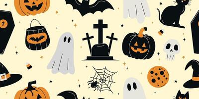 Seamless Halloween pattern. background with hand-drawn elements of a bat, a ghost, a pumpkin, a hat. vector