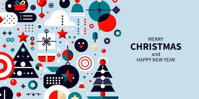 Christmas banner with festive geometric ornaments and text. Balloons, a Christmas tree, New Year decorations in the style of modernism. . vector