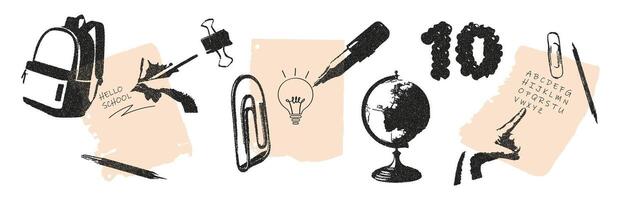 The set is back to school in retro photocopy style. Torn sheets of paper, backpack, pen, globe, paper clip, marker, hand, numbers. illustration with dotted halftone vintage design. vector
