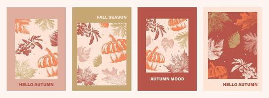 Autumn minimalistic posters with a photocopy effect. Leaves, pumpkin, berry with grain and dotted lines. design background, banner, postcard, cover. vector