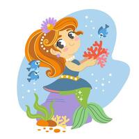 Cute cartoon mermaid character. Under the sea card. Simple and cute illustration isolated on a white background. For cards, print, design, stickers, fabric and invitation fabric and invitation vector