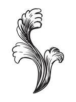 Hand drawing ornate baroque design element. Engraved damask pattern, vintage ornament. Isolated monochrome illustration on a white background. For design, print, fabric, invitation and wedding vector