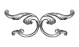 Hand drawing and ornate baroque design element. Engraved damask pattern, vintage ornament. Isolated monochrome illustration on a white background. For design, print, fabric, invitation and wedding vector