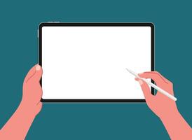 Top view of hands writing, drawing, painting on blank tablet with stylus pen for digital painting, graphic design, working or lecture flat illustration. vector