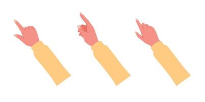 Human hands point, scroll down or up on smartphone or tablet flat for study, surf internet, working illustration isolated on white background. Hand using smartphone or touchpad with sleeve vector