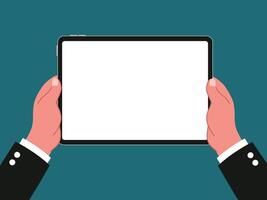 Businessman using a blank tablet for work or meeting on white touchpad screen. vector