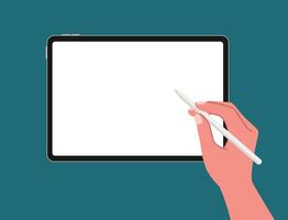 Top view of one hands writing, drawing, painting on blank tablet with stylus pen for digital painting, graphic design, working or lecture flat illustration. vector