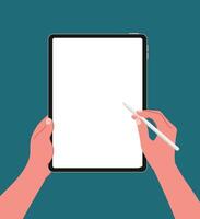 Top view of hands writing, drawing, painting on vertical blank tablet with stylus pen for digital painting, graphic design, working or lecture flat illustration. vector