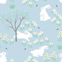 Easter seamless repeat pattern with cute hand drawn rabbits on spring flowers vector