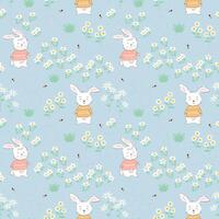 Seamless pattern with cute bunny and little bees on wildflowers field background vector