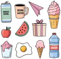 a set of different food items including an apple, watermelon, ice cream, and a can vector