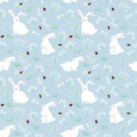 Easter seamless pattern with cute bunny,flowers and ladybug on springtime vector