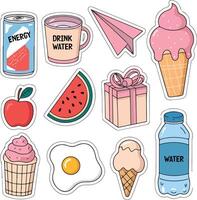a set of stickers with various foods and drinks vector