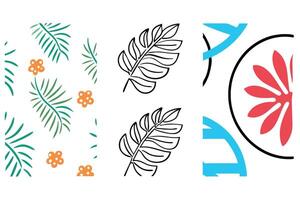Colorful Tropical Palm Leaf and Floral Pattern Design with Geometric Shapes and Bold Lines on White Background Pattern Background vector