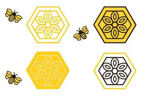 Vibrant geometric icon set with honeycomb and bee illustrations, modern style combining black and yellow for dynamic design vector