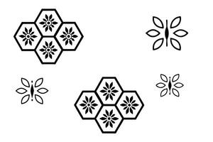Geometric icon set with honeycomb pattern featuring flower shapes in black and white, modern design with abstract hexagonal patterns vector