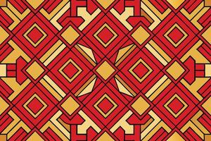 Geometric Pattern with Red and Gold Interlocking Shapes, Decorative Lines, and Diamond Design Pattern Background vector