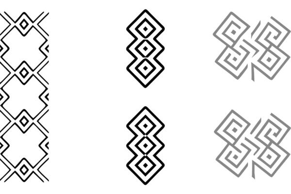 Geometric icon set featuring interlocking shapes in red and gold, modern abstract design with bold patterns and contemporary aesthetics