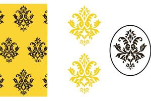 Stylish damask icon set with deep forest green vintage design, intricate floral details ideal for luxurious and sophisticated patterns vector