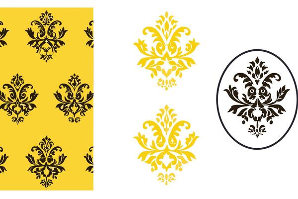 Stylish damask icon set with deep forest green vintage design, intricate floral details ideal for luxurious and sophisticated patterns