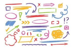 Pastel crayon hand drawn elements - arrows, lines, circles, checkmarks, scribbles in rainbow colors. vector