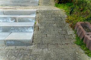 Stairs lead to an uneven pathway surrounded by greenery in a residential area during daylight hours photo