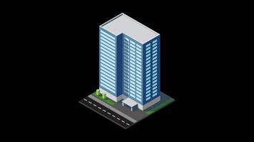 Isometric city building animation. Isometric modern building. Skyscraper building or business office. Motion graphic. Transparent background with alpha channel, video
