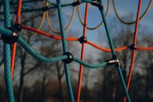 Brightly colored playground climbing structure in a park during a sunny day photo