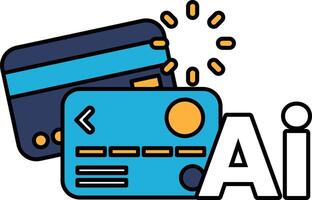 A blue credit card with a yellow circle on it is on top of a white background vector