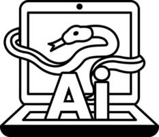 computer screen with a snake and the letters AI on it In black and white line style vector