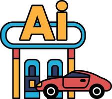 A red car is parked in front of a building with the letters AI on it vector