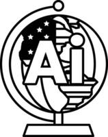 globe with the letters AI on it In black and white line style vector
