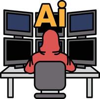 A man in a red hoodie sits in front of a computer with a monitor displaying the vector