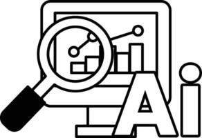 computer monitor with a magnifying glass on it and the word AI underneath In black and white line style vector