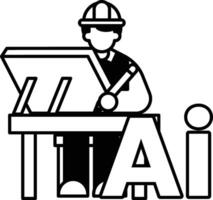 A man is drawing on a desk with the letters AI in the background In black and white line style vector