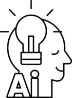 man head with a light bulb on it and the word AI underneath In black and white line style vector
