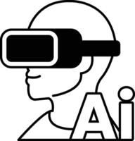 man wearing a virtual reality headset with the letters AI on his head In black and white line style vector