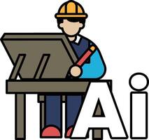 A man is drawing on a desk with the letters AI in the background vector